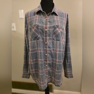 Flag & Anthem Plaid Button-Up Shirt - Gray/blue and Red